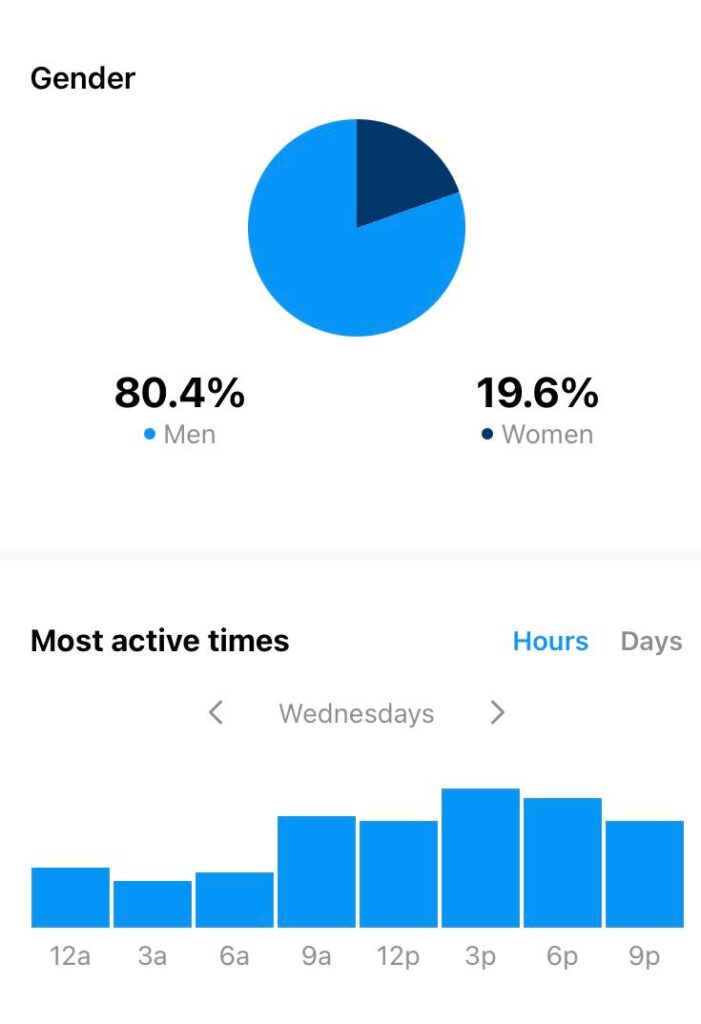 A picture showcasing the audience demographics of social media with gender insights of men (80%) and women(19.6%) with your audience active times across the week.