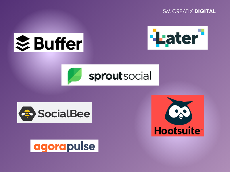 A picture describing the best social media management tools I recommend: 1. Buffer 2. Later 3. Sproutsocial  4.SocialBee  5.Hootsuite 6. Agorapulse