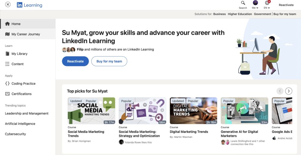 Screenshot of LinkedIn Learning showing free IT courses for LinkedIn profile optimisation hacks.