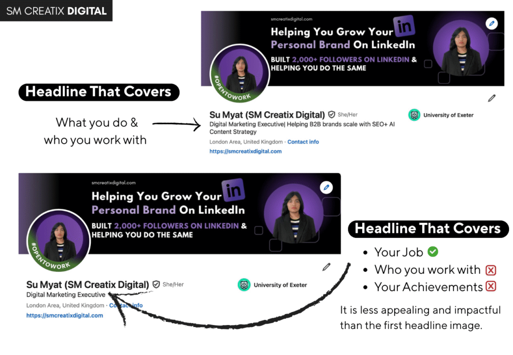 Screenshot of LinkedIn profile with headline that sells more than a job title, for LinkedIn profile optimisation hacks.