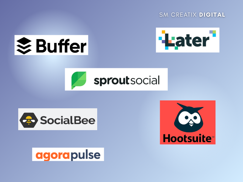 A picture describing the best social media management tools I recommend: 1. Buffer 2. Later 3. Sproutsocial 4.SocialBee 5.Hootsuite 6. Agorapulse